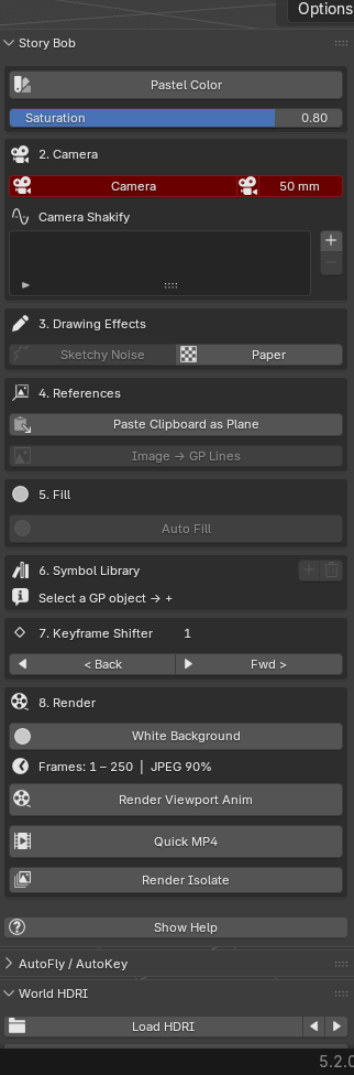 The Story Bob panel in Blender's sidebar, showing all v2.0 tools